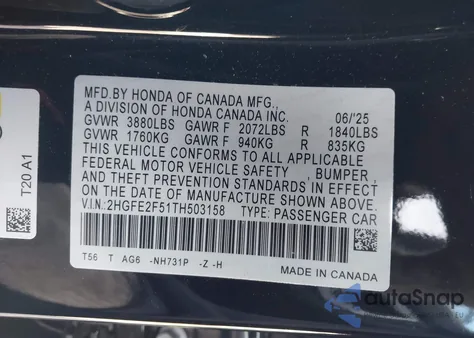 2026 Honda Civic Sport z USA, uszkodzony, nr VIN 2HGFE2F51TH503158